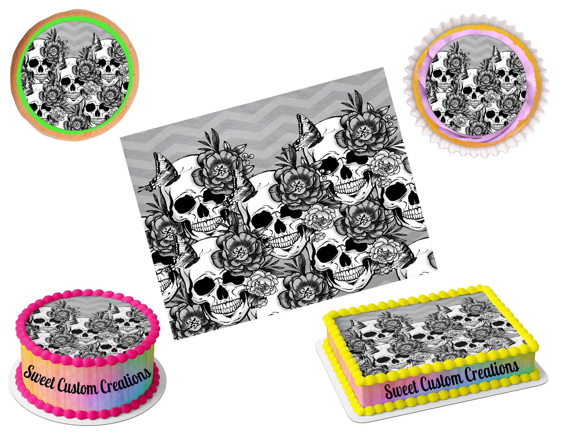 Skull Flower Edible Image Frosting Sheet #1 (70+ sizes)