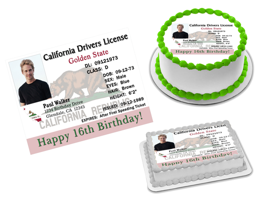 CA Drivers License Edible Image Frosting Sheet Topper (70+ sizes)
