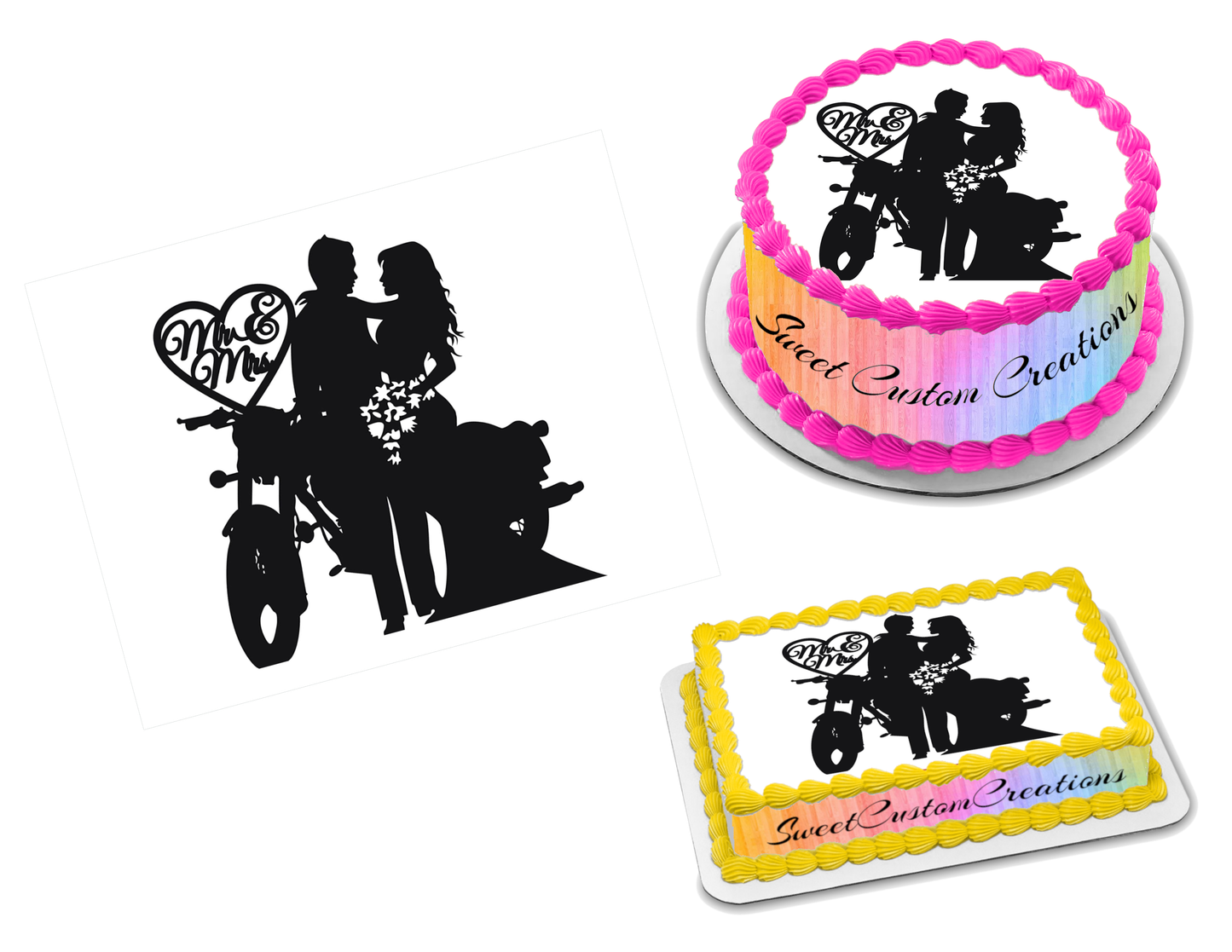 Wedding Bride and Groom Motorcycle Silhouette Edible Image Frosting Sheet #1 (70+ sizes)