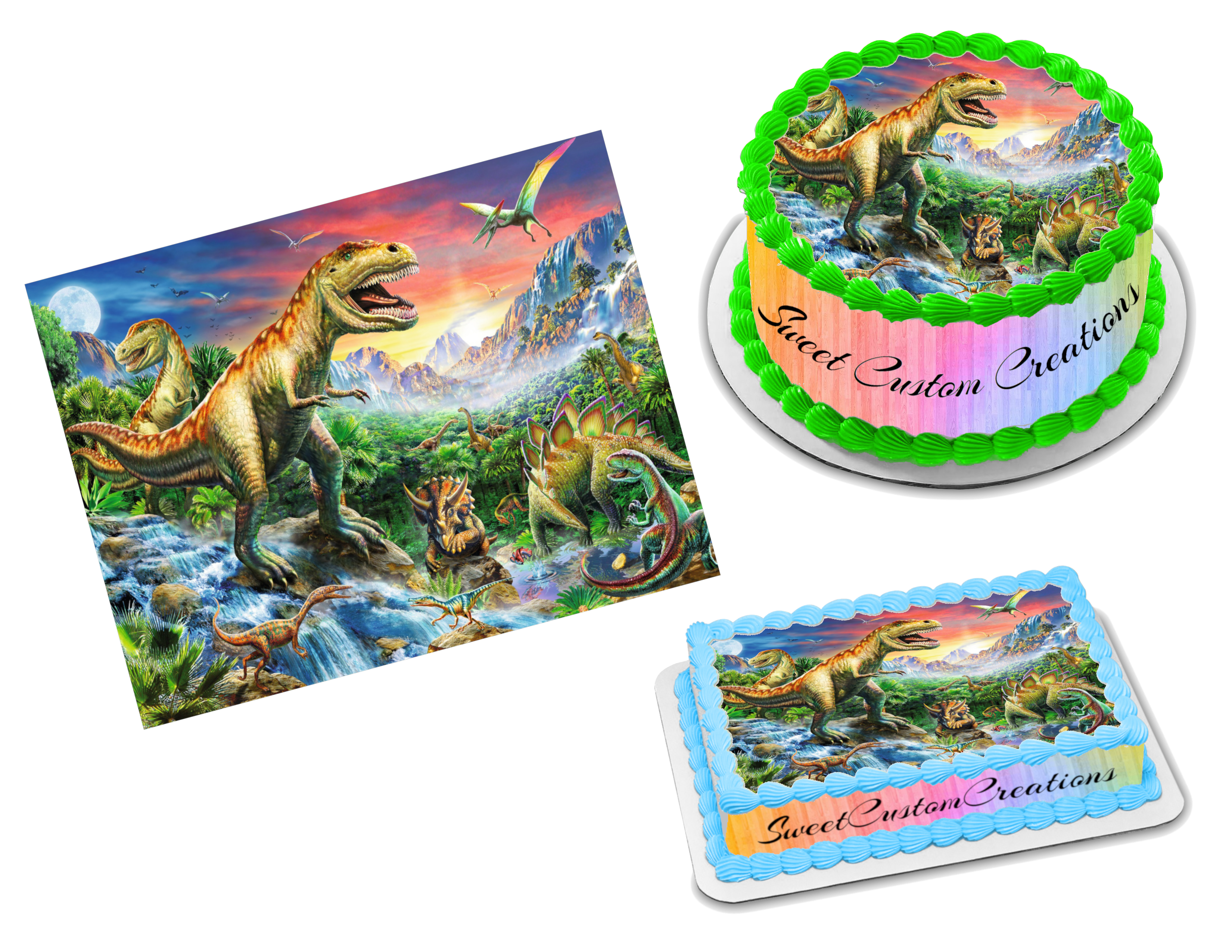 Cute Dinosaurs in Prehistoric Scene Edible Cake or Cupcake - Etsy