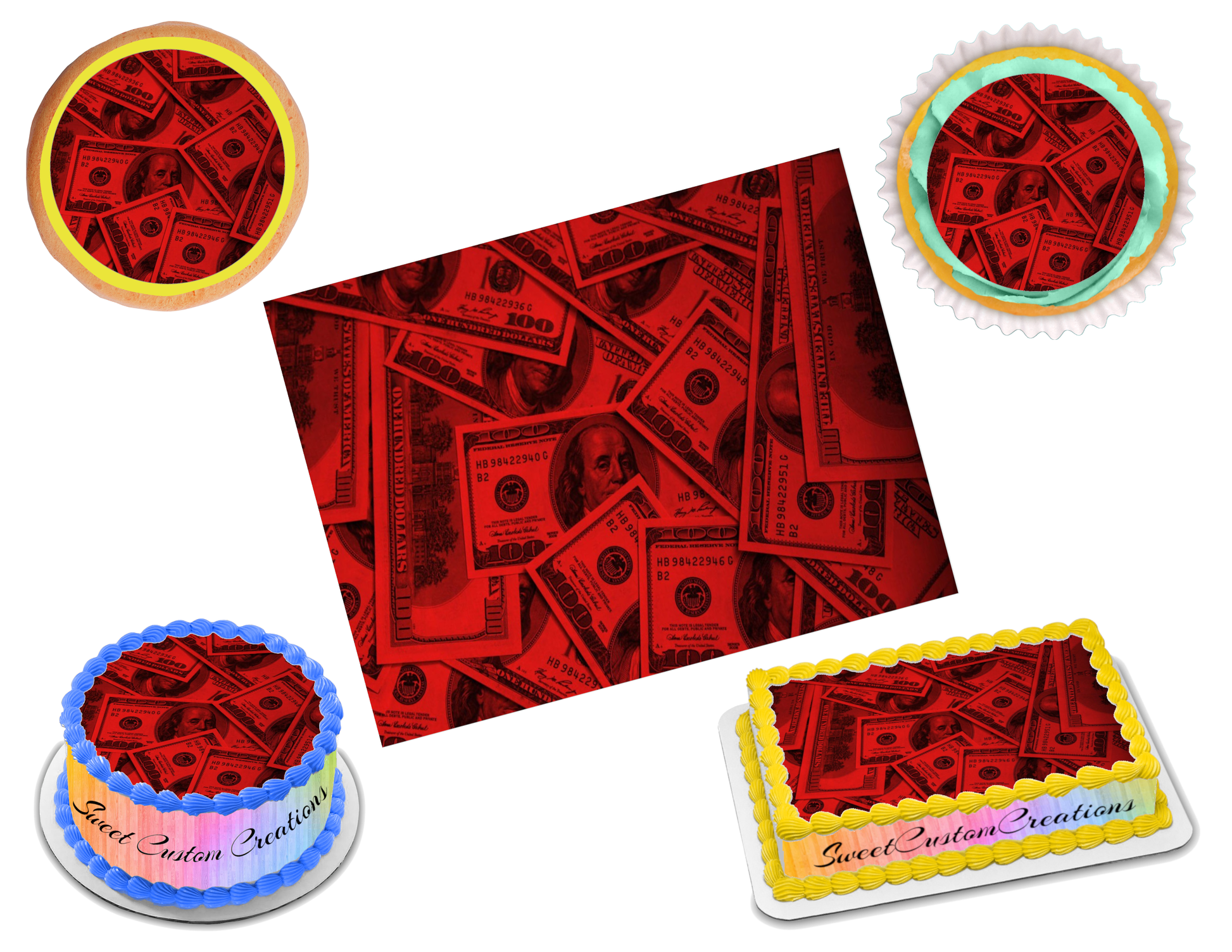 100 Dollar Bill Red Edible Image Frosting Sheet #10 (70+ sizes)