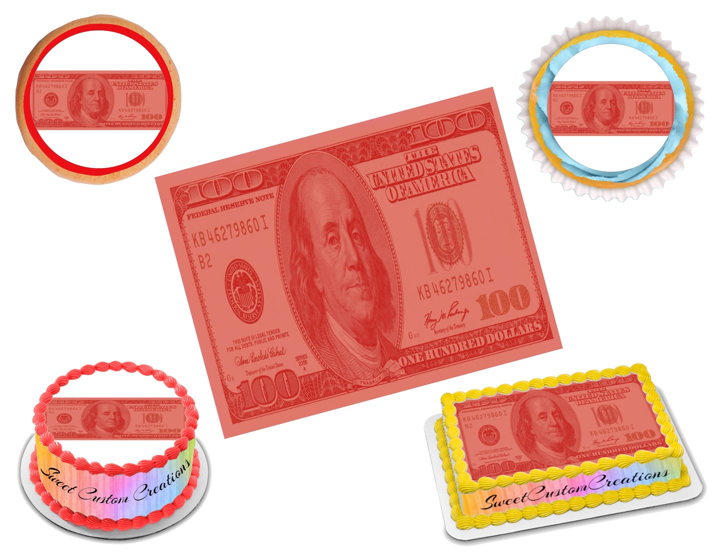 100 Dollar Bill Red Edible Image Frosting Sheet #15 (70+ sizes)