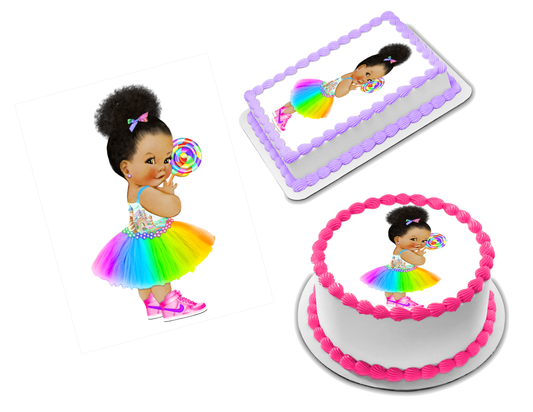 Rainbow Lollipop Baby Girl Edible Image Frosting Sheet #3 (70+ sizes)